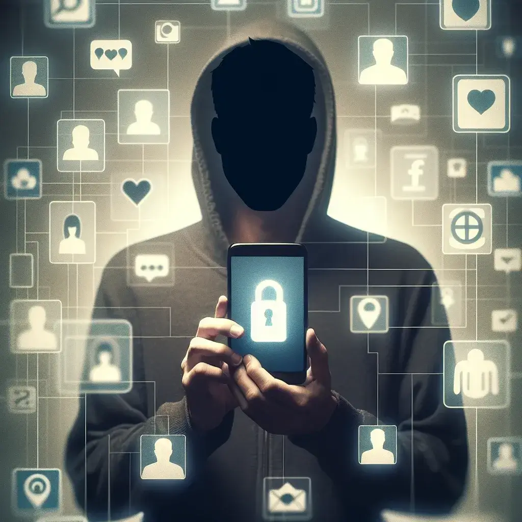 "Ilustrasi akun Instagram anonim dengan tampilan profil tanpa foto dan informasi pribadi, menggambarkan konsep privasi dan anonimitas di media sosial."