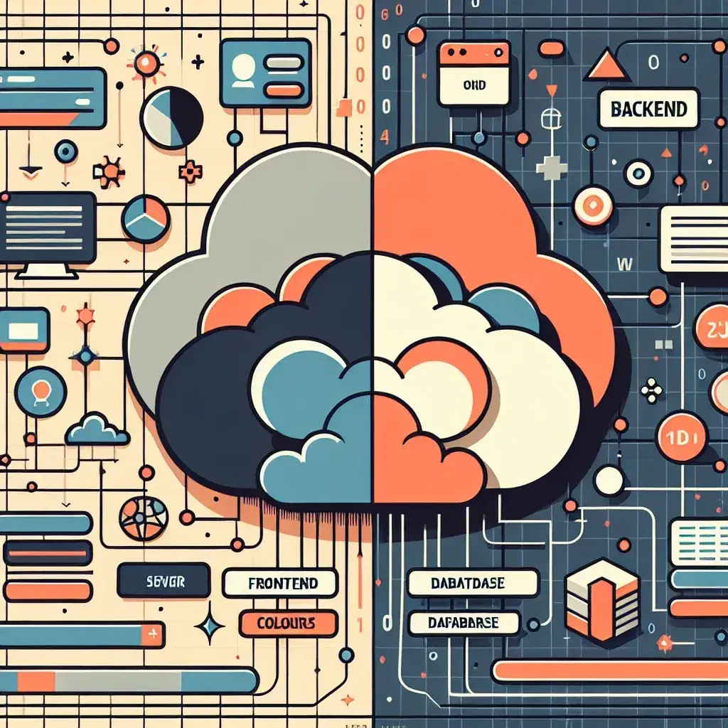 "Ilustrasi perbandingan antara frontend dan backend dalam pengembangan web, menunjukkan area pengguna (frontend) dan server (backend) dengan diagram yang menjelaskan fungsi masing-masing dalam proses pengembangan."