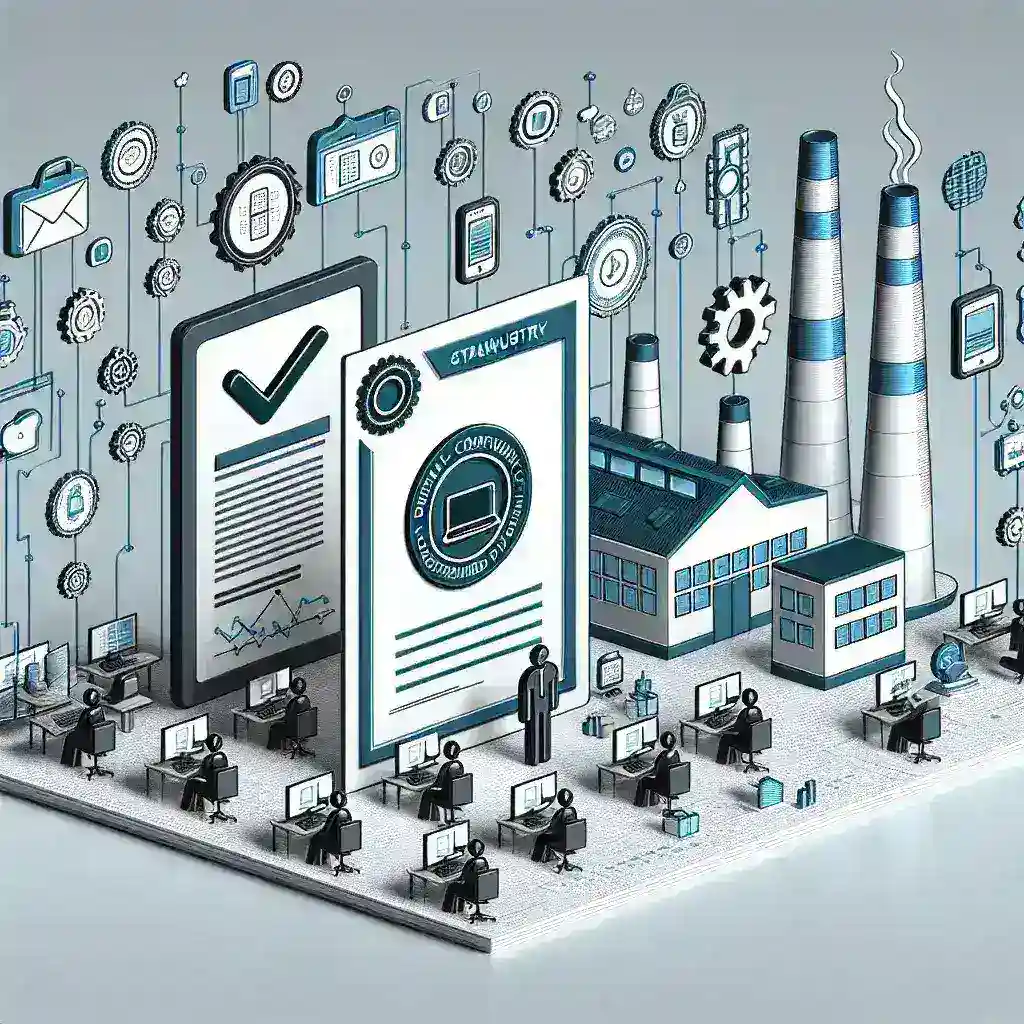 "Infographic illustrating the development of industry-standard digital competency certifications, highlighting key skills, certification processes, and relevant digital technologies for professional growth."